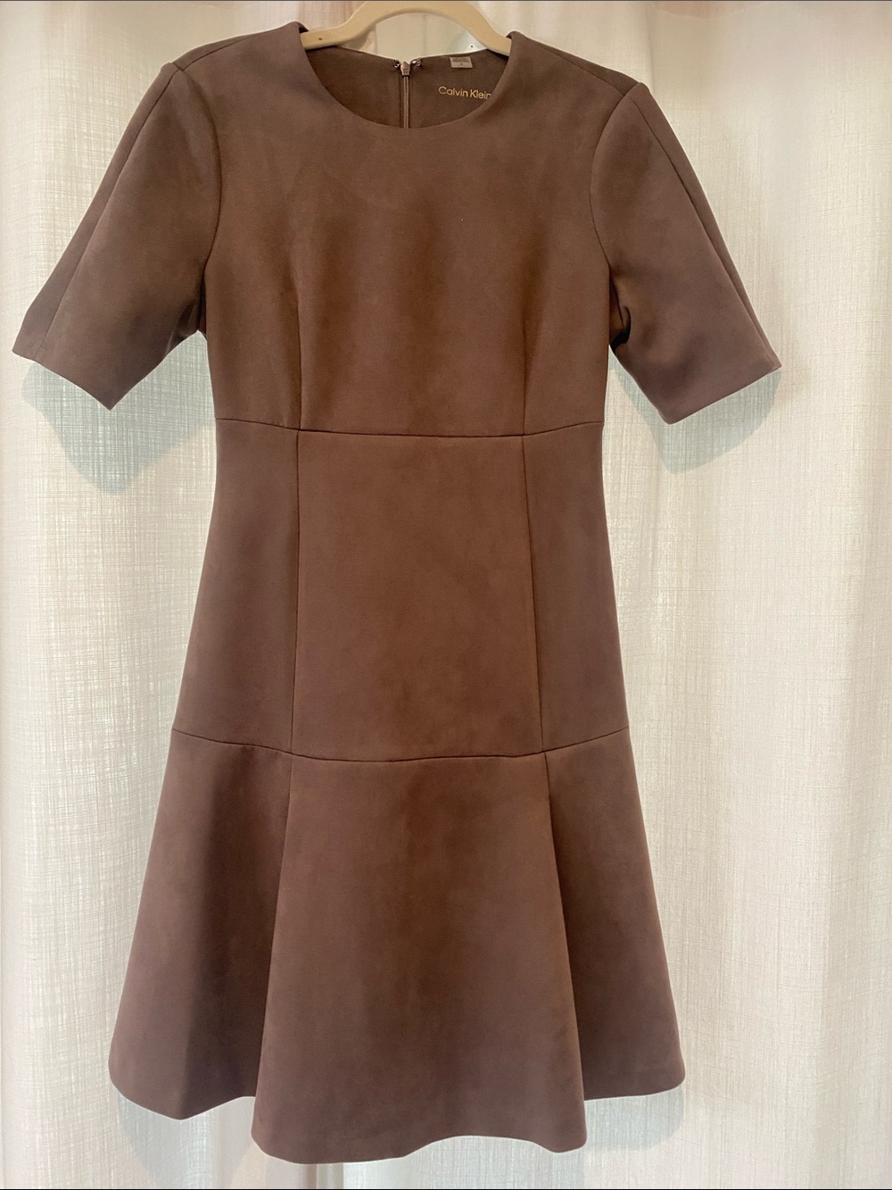 Calvin Klein Short-Sleeve Faux Suede Flared Dress. Size 4 PTP 18